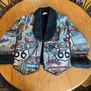 VNT 1980s Handmade Route 66 Tapestry Jacket Sherpa Lined - One of a Kind- Size S